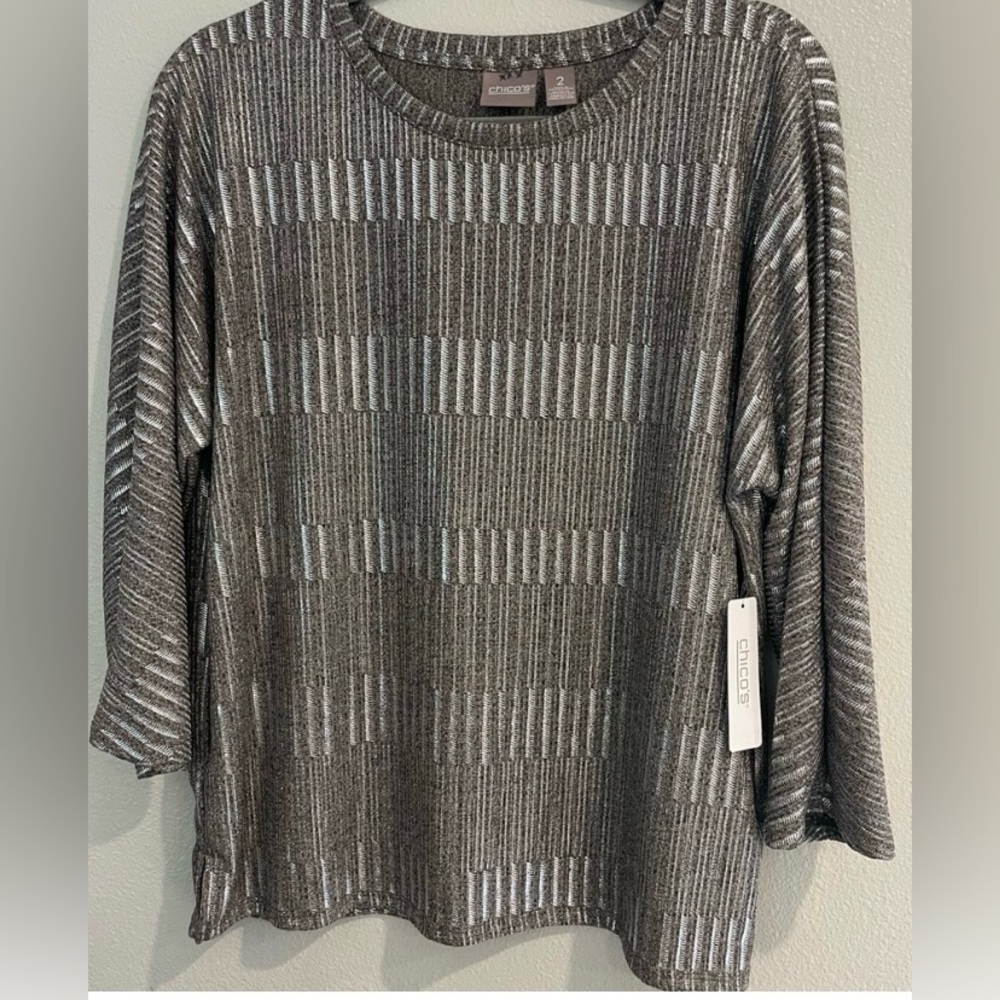 🪅Chicos Metallic Gray/Taupe Sparkle Stripe Silver Scoop Neck 3/4 Sleeves Tee L